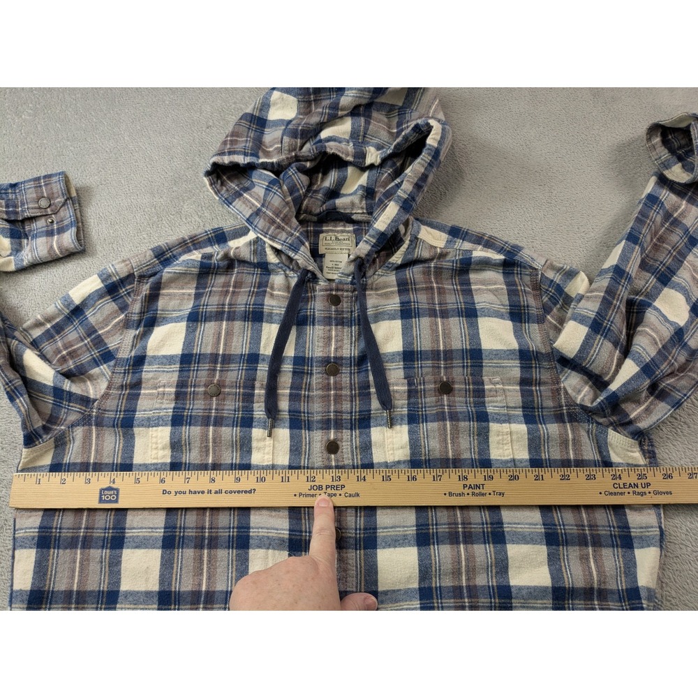 LL Bean Hooded Flannel Shirt Womens Large Blue Plaid Cotton Button Up 508169 - Picture 5 of 11